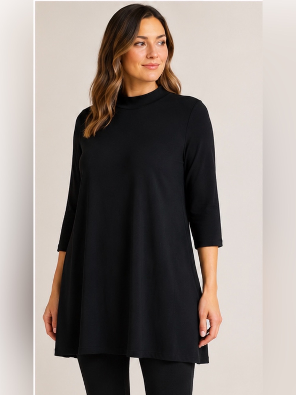 Nik & Nash Black Long Swing Tunic Top XXL Mock Neck 3/4 Sleeve Stretch Made USA